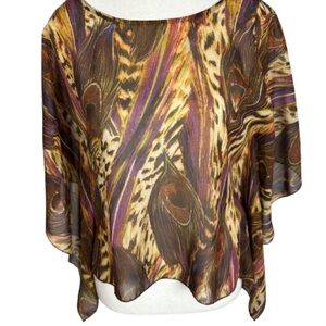 ⭐️ 3/$15 Fire Los Angeles Multicolor Feather Print Sheer Top Size XS